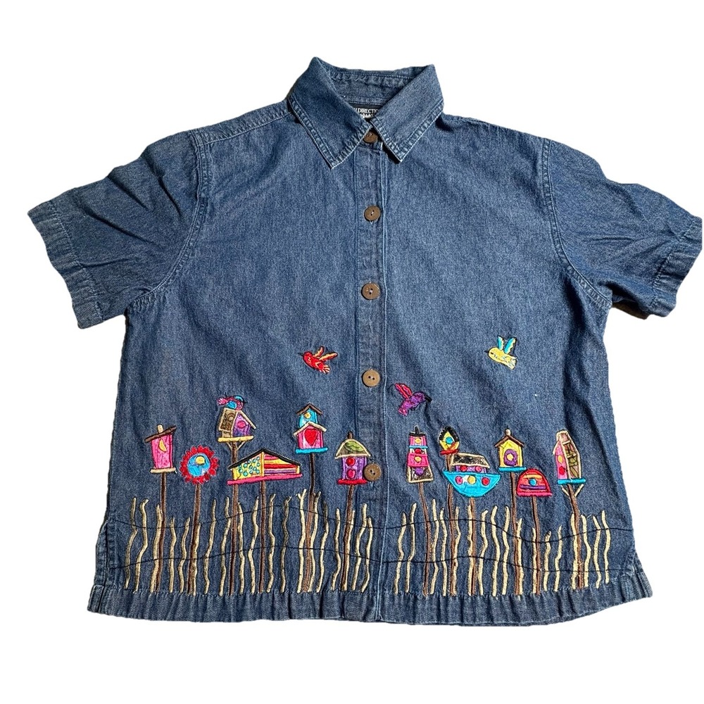 Womens Denim Chambray Embroidered‎ Bird House Shirt Sm Cottage Core Cute VTG